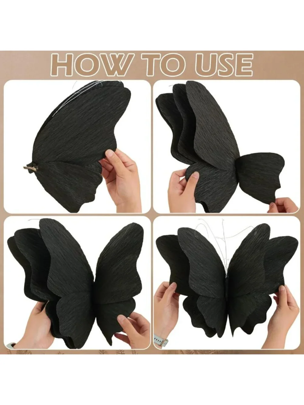 3D Black Butterfly Party Decorations - 4 Pcs Crepe Paper Hanging Decor for